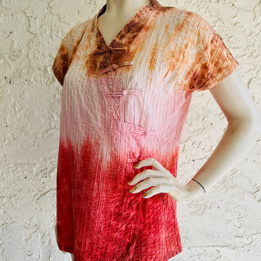 POON COTTON Tie Dye Wrap Top Asian Art to Wear Lagenlook Size L
